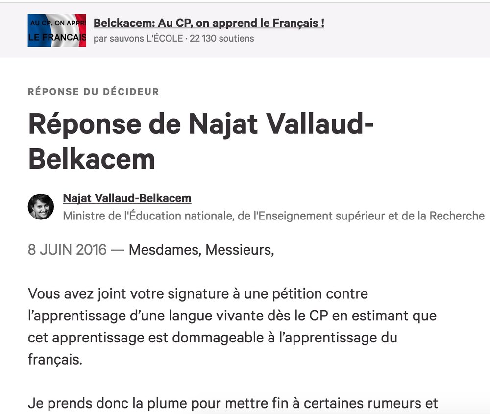 La réponse de Najat Vallaud-Belkacem à l'une des pétitions concernant l'enseignement de l'arabe au CP.